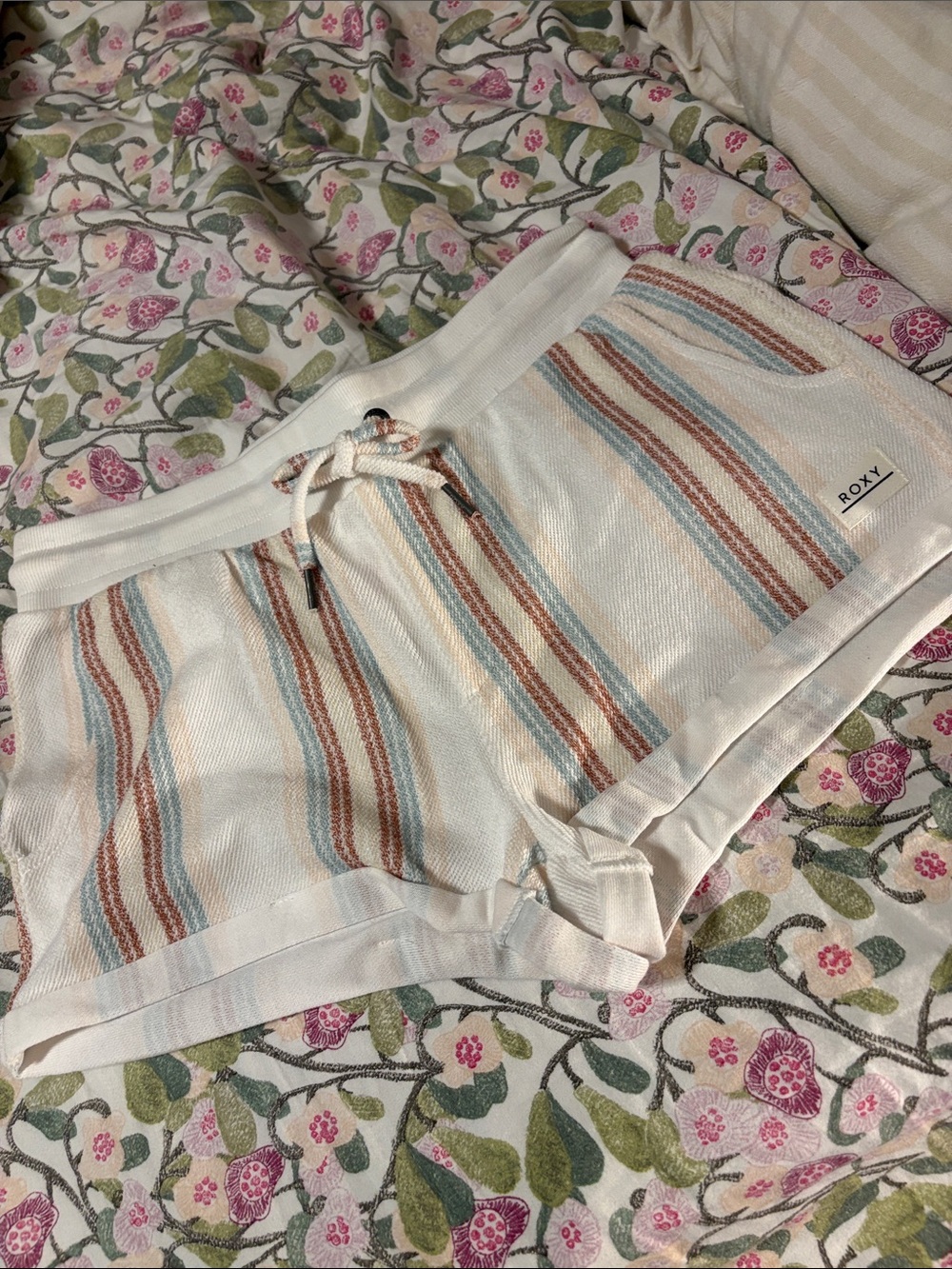 Roxy Ivory Striped Athletic Shorts with Blue and Brown Accents